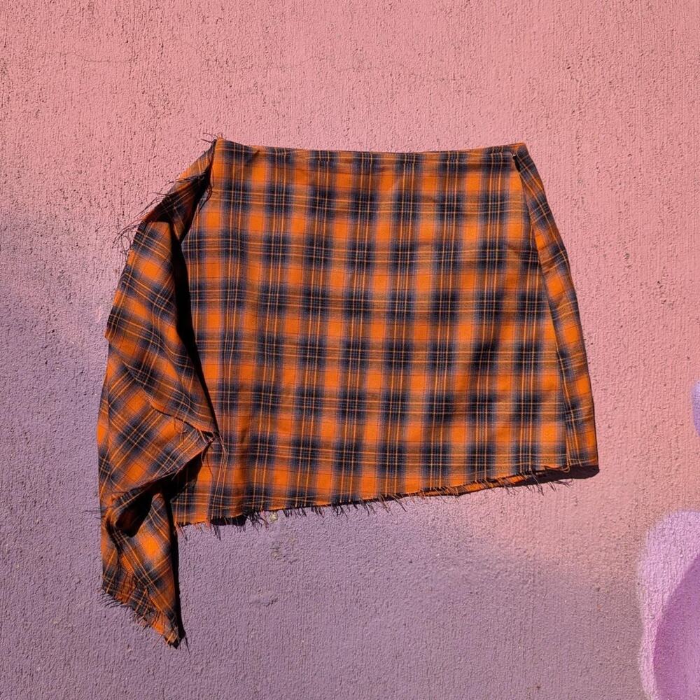COLLUSION Orange Black Plaid Asymmetric Draped Frayed Mini Skirt US 2